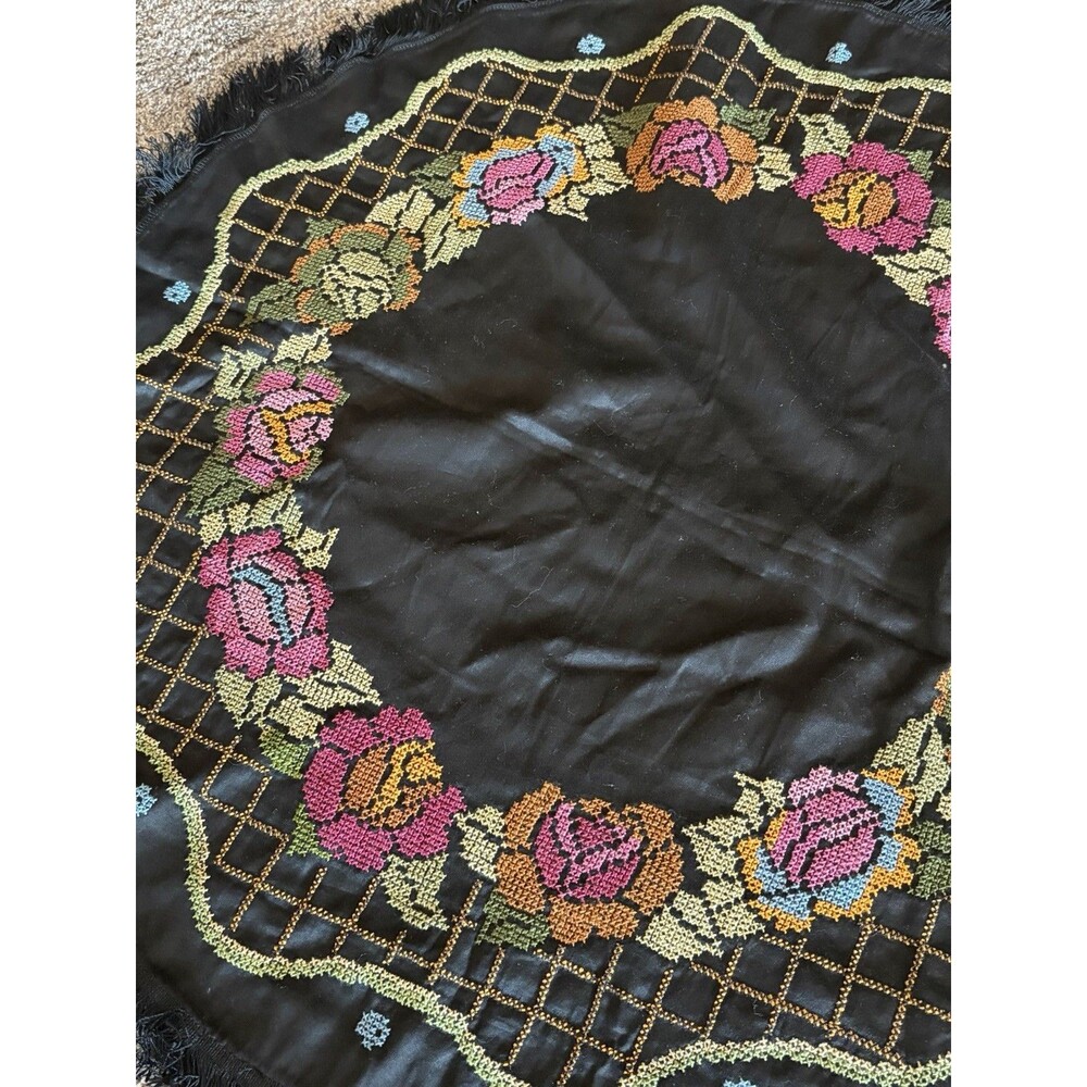 Vtg. Black Satin Multicolor Embroidered Flowers Fringe Tablecloth Round 35” Boho - Picture 2 of 14